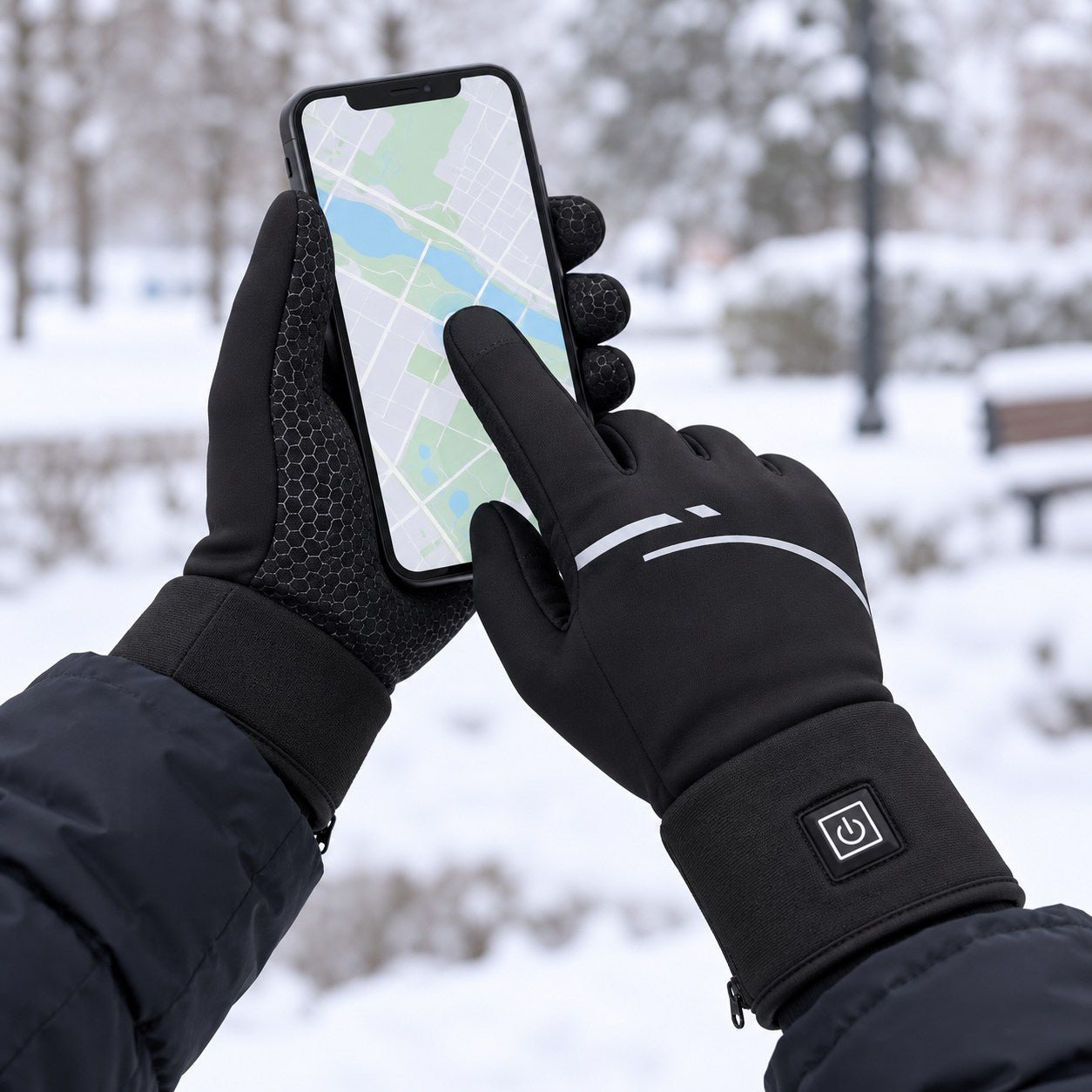 Using a phone while wearing HeatGrip gloves outdoors