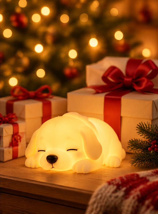A PawGlow puppy light beside a wrapped Christmas present