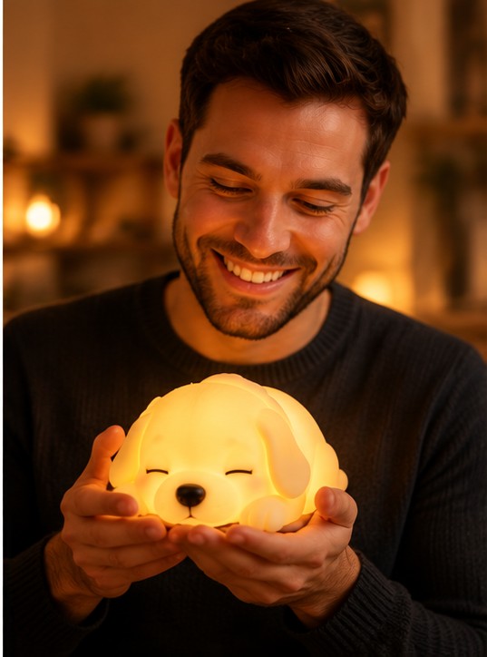 A man enjoying his PawGlow puppy light