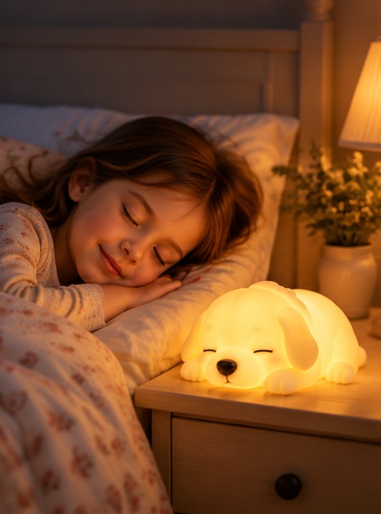 A child enjoying the warm light of PawGlow at bedtime
