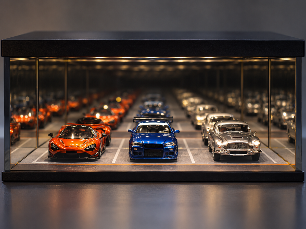 Close-up of miniature cars and repeating mirror reflections in the BELVOX Infinity Garage; cars not included