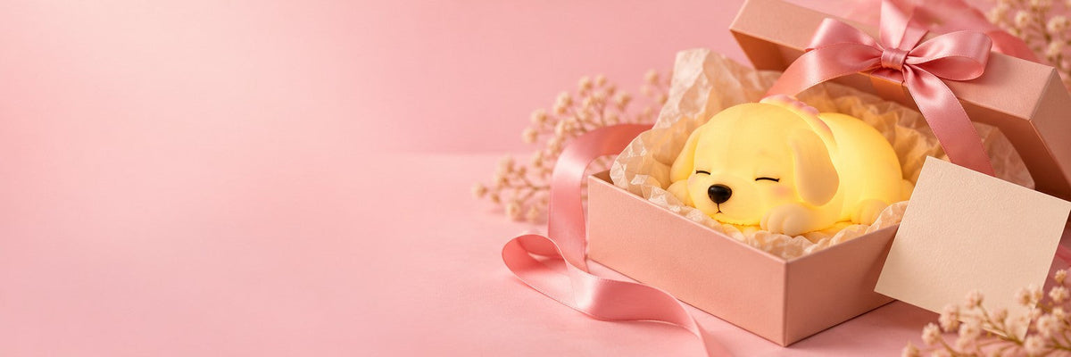 PawGlow gift packaging shown with a puppy lamp; puppy lamp sold separately