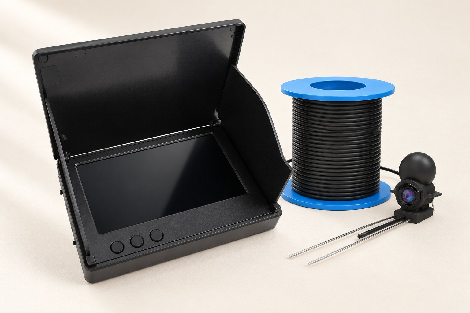 BELVOX AquaView DY1 hardware laid out on a tabletop.