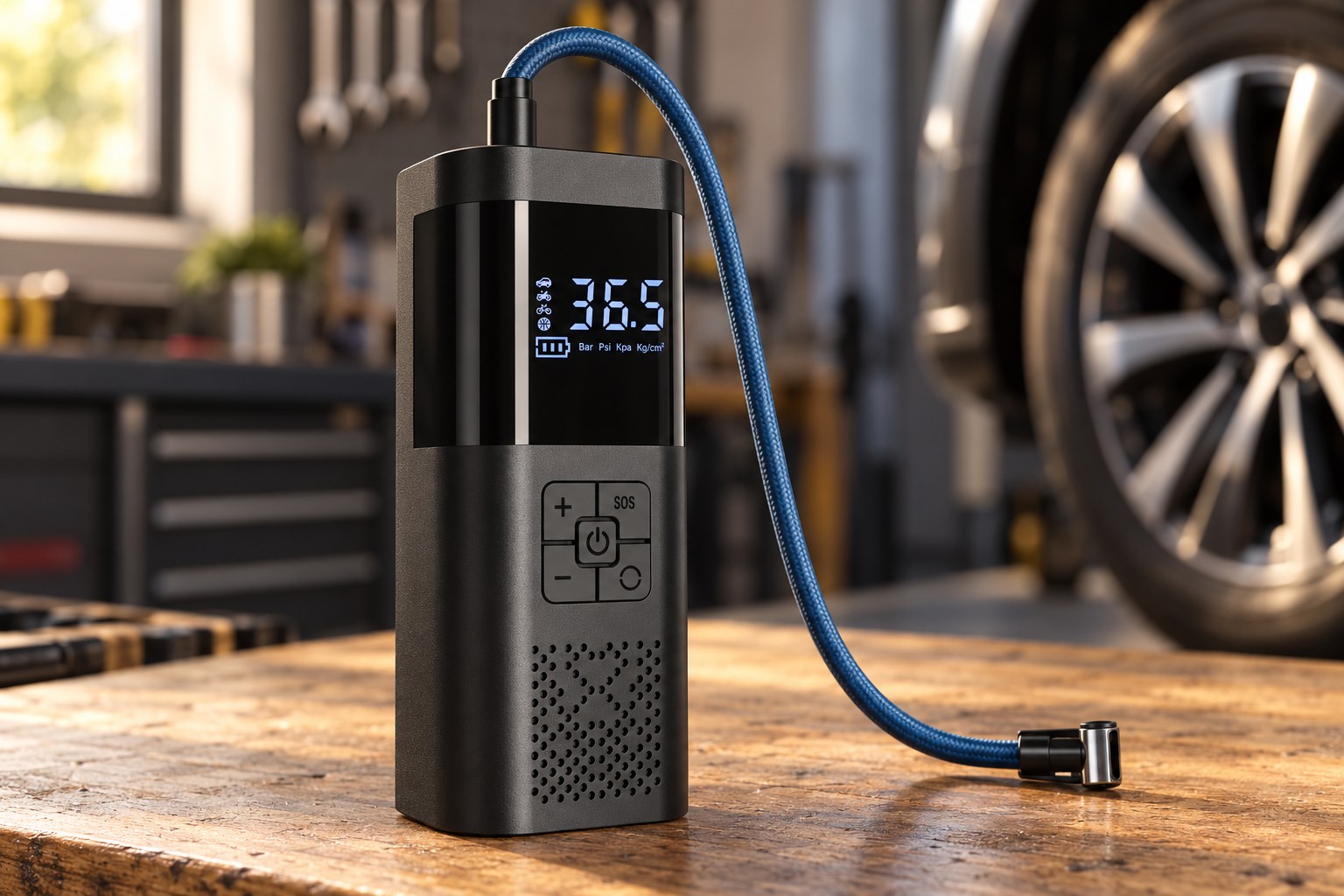 BELVOX AirDrive 150 Cordless – Digital Tyre Inflator in a practical setting.