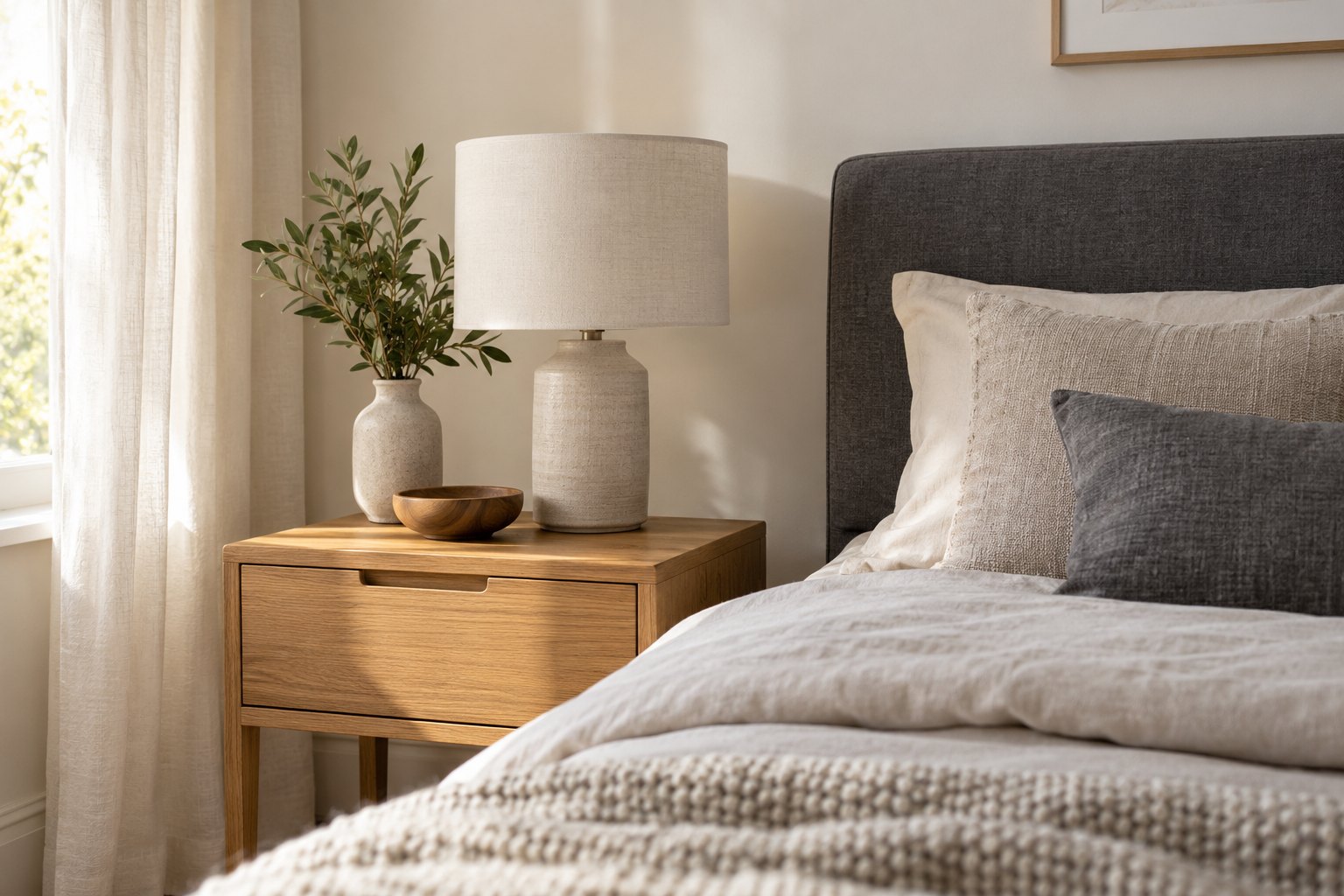 An adult bedroom with a clear bedside table