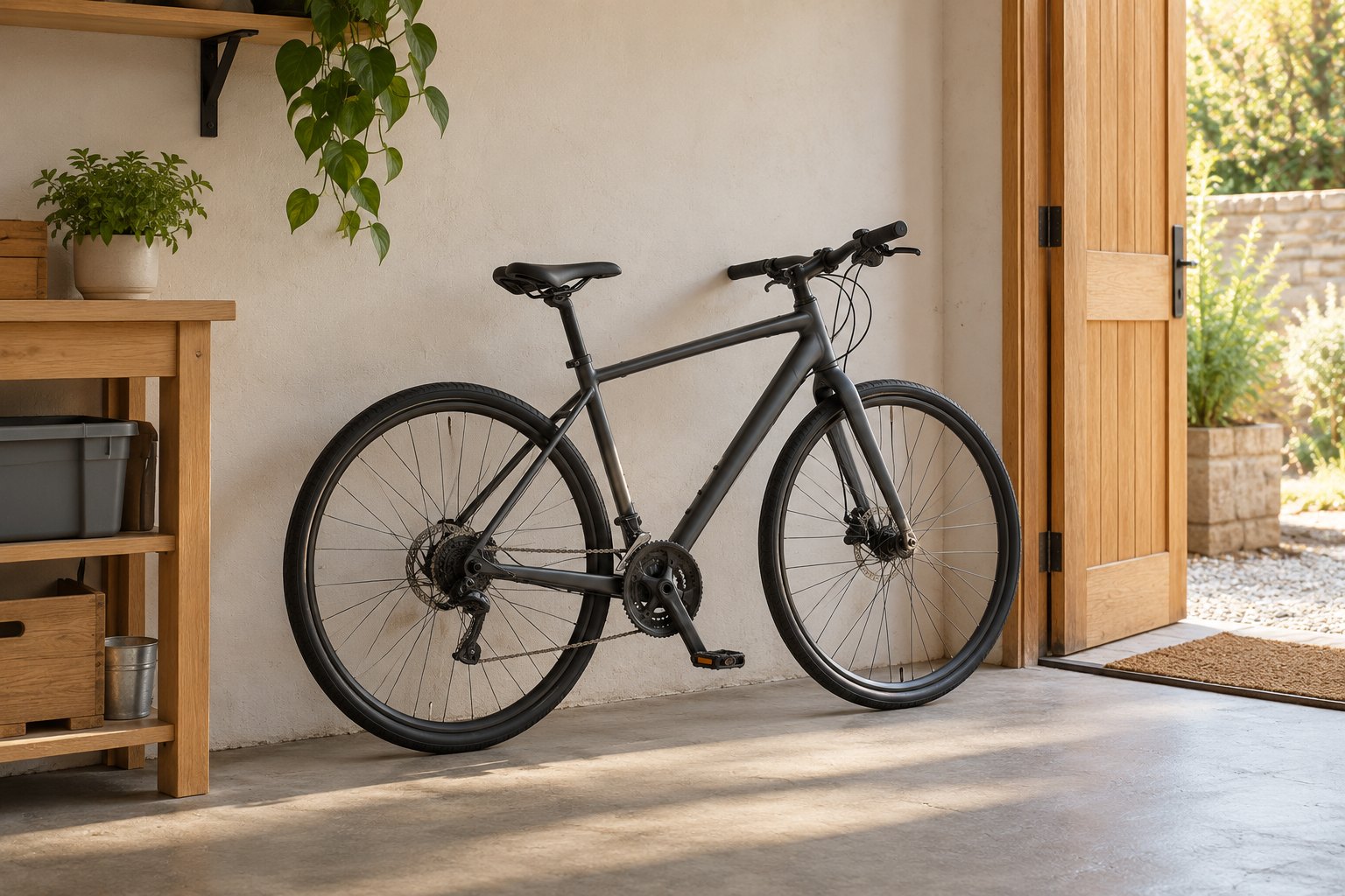 A bicycle parked beside a calm workshop wall