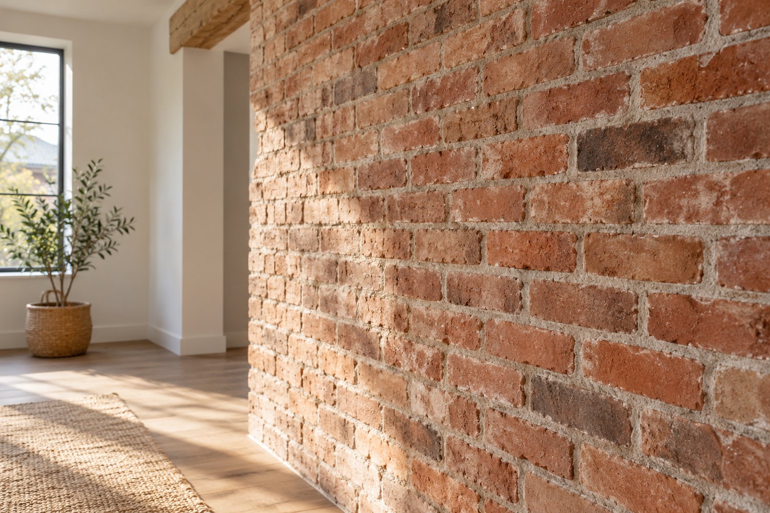 An exposed brick surface in a tidy renovation space
