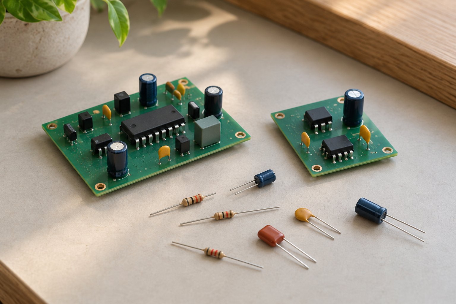 Disconnected circuit boards and passive components on a bench