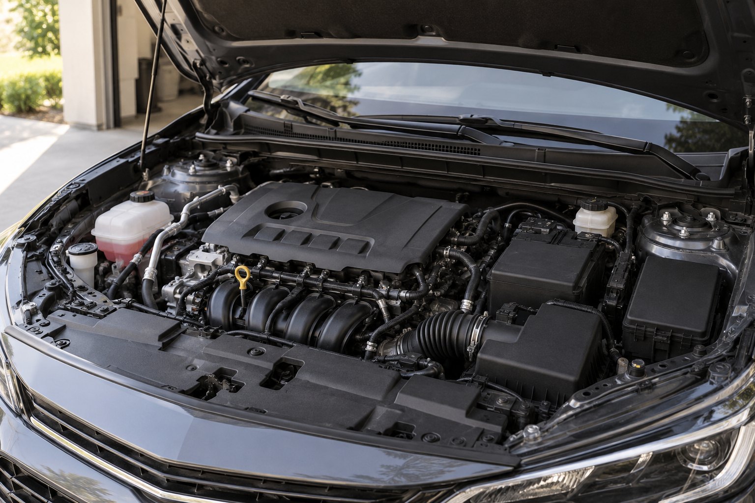 A stationary car engine bay prepared for inspection