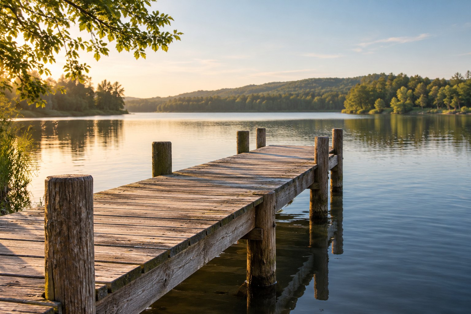 A quiet fishing pier above calm water