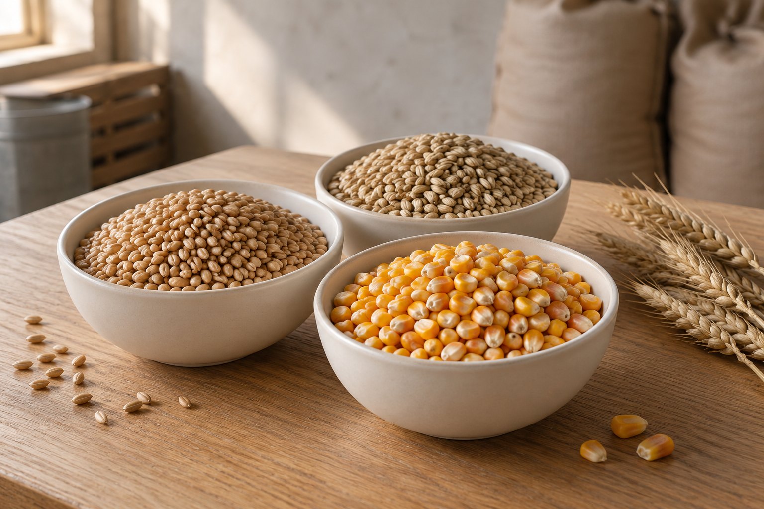 Dry grain samples in plain bowls on a clean table