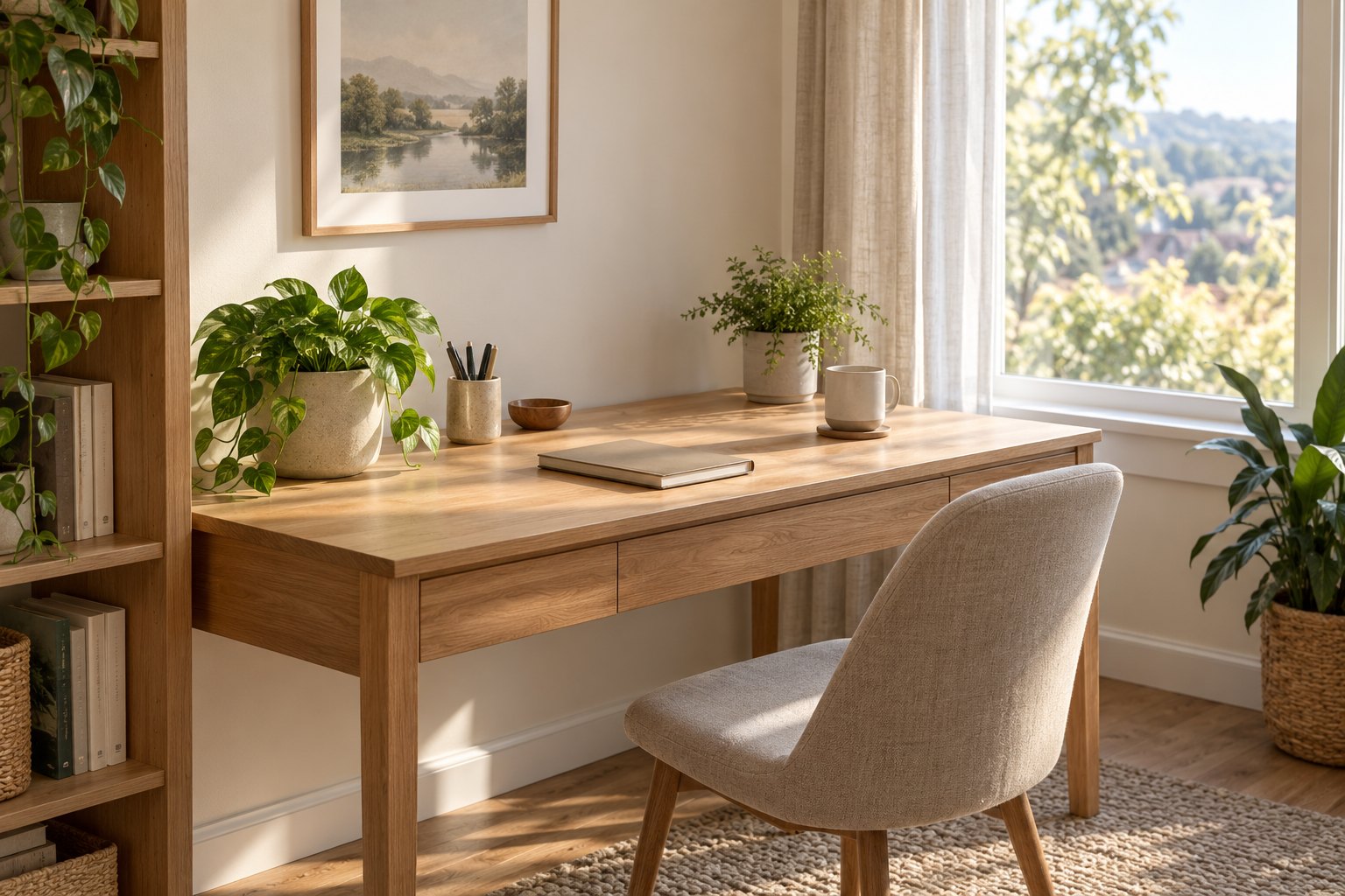A quiet home office desk beside a window