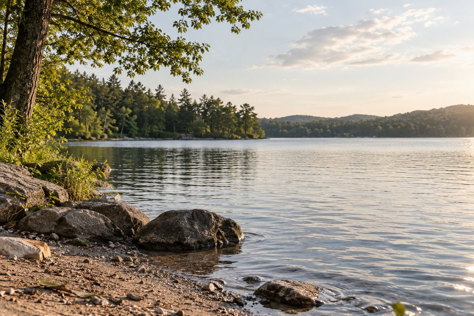 A calm freshwater lake with an accessible shore