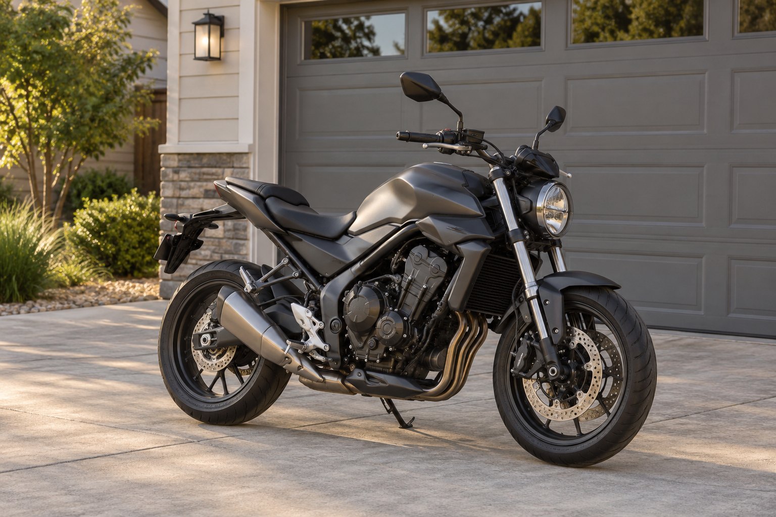 A parked motorcycle beside a garage
