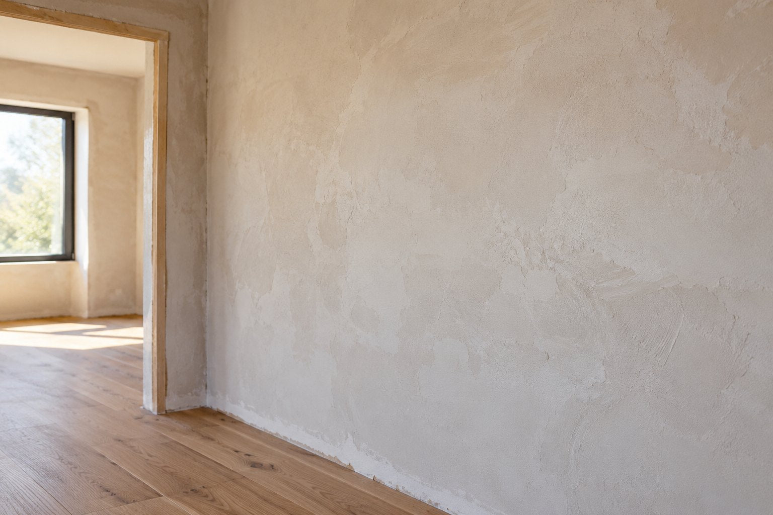 A plain plaster wall in a room under renovation