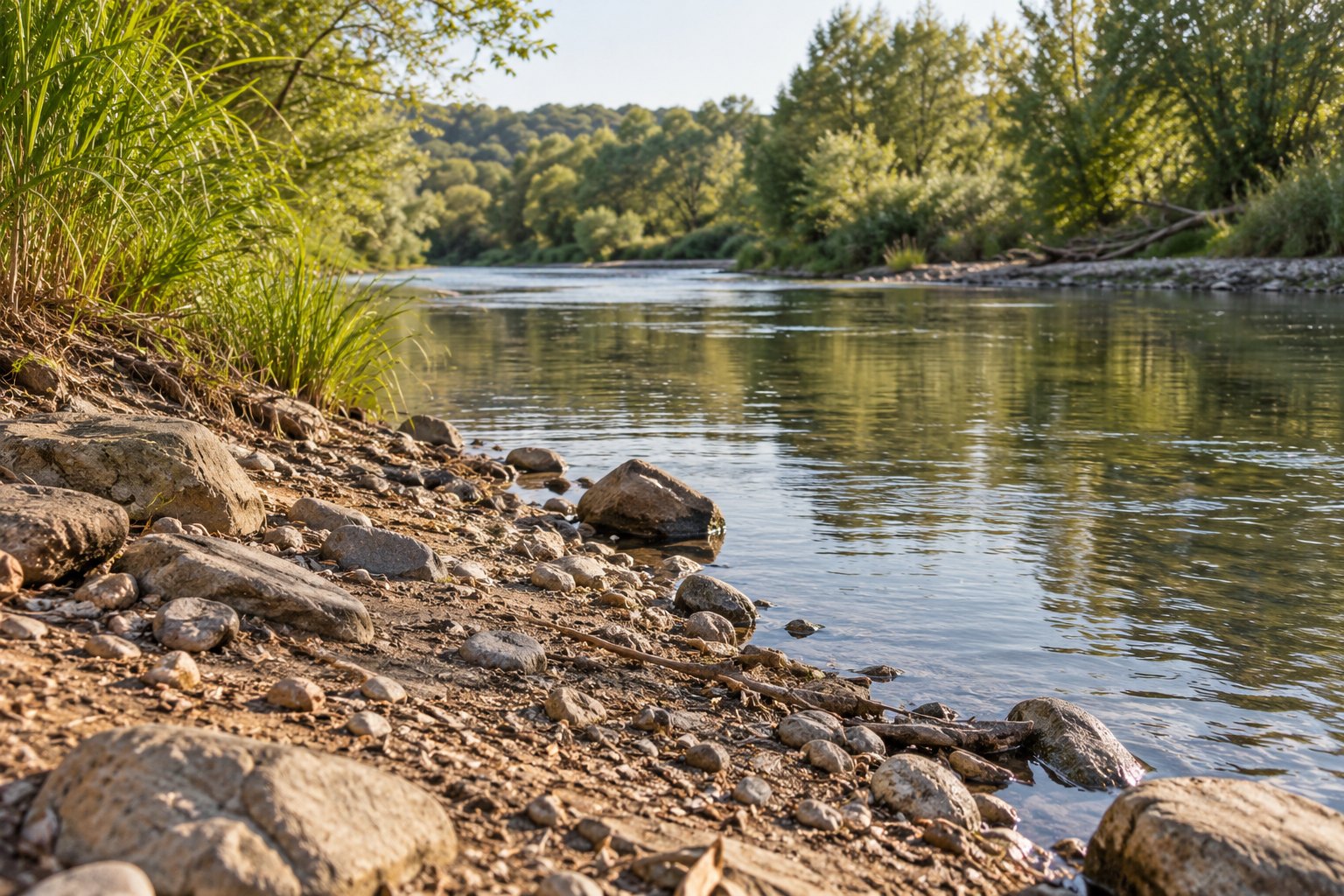 A dry riverbank beside slow-moving water