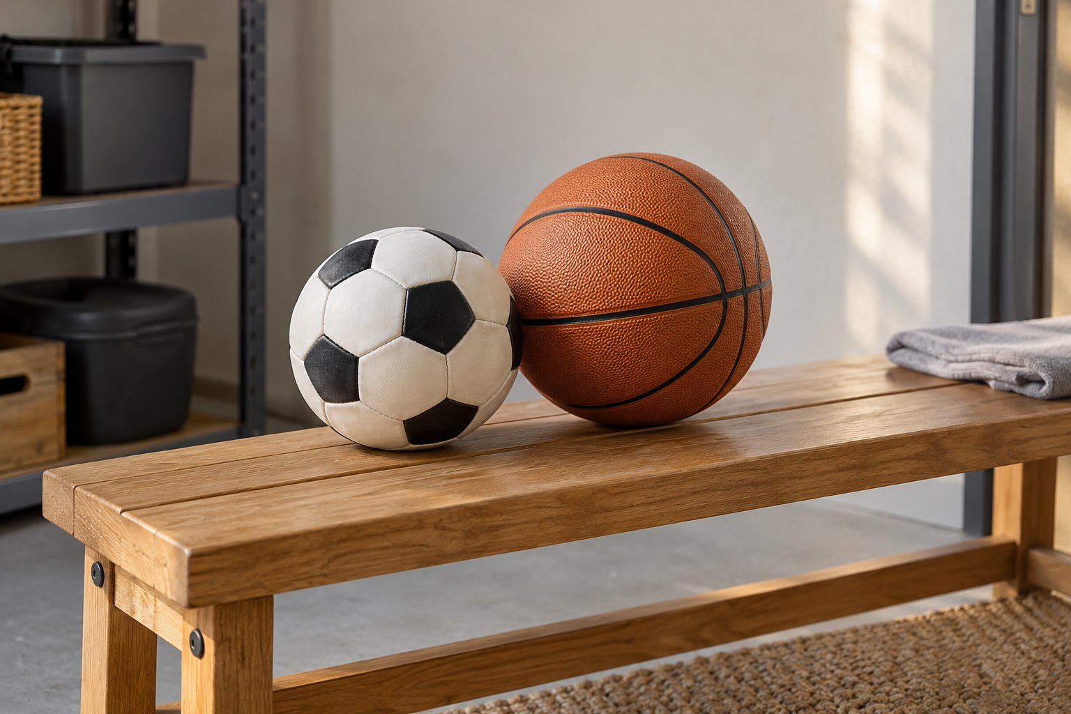 A football and basketball on a tidy bench