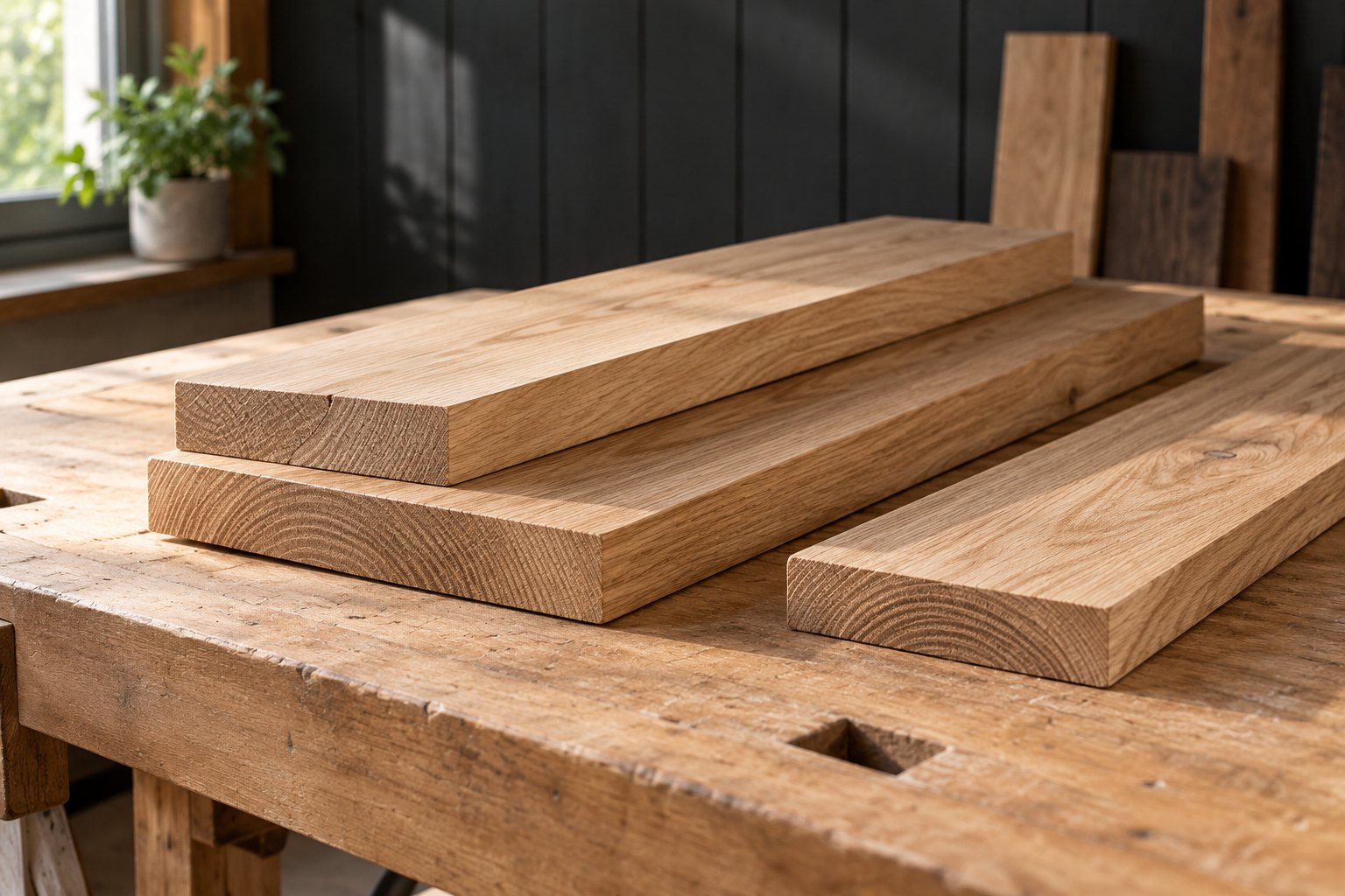 Clean timber boards on a woodworking bench
