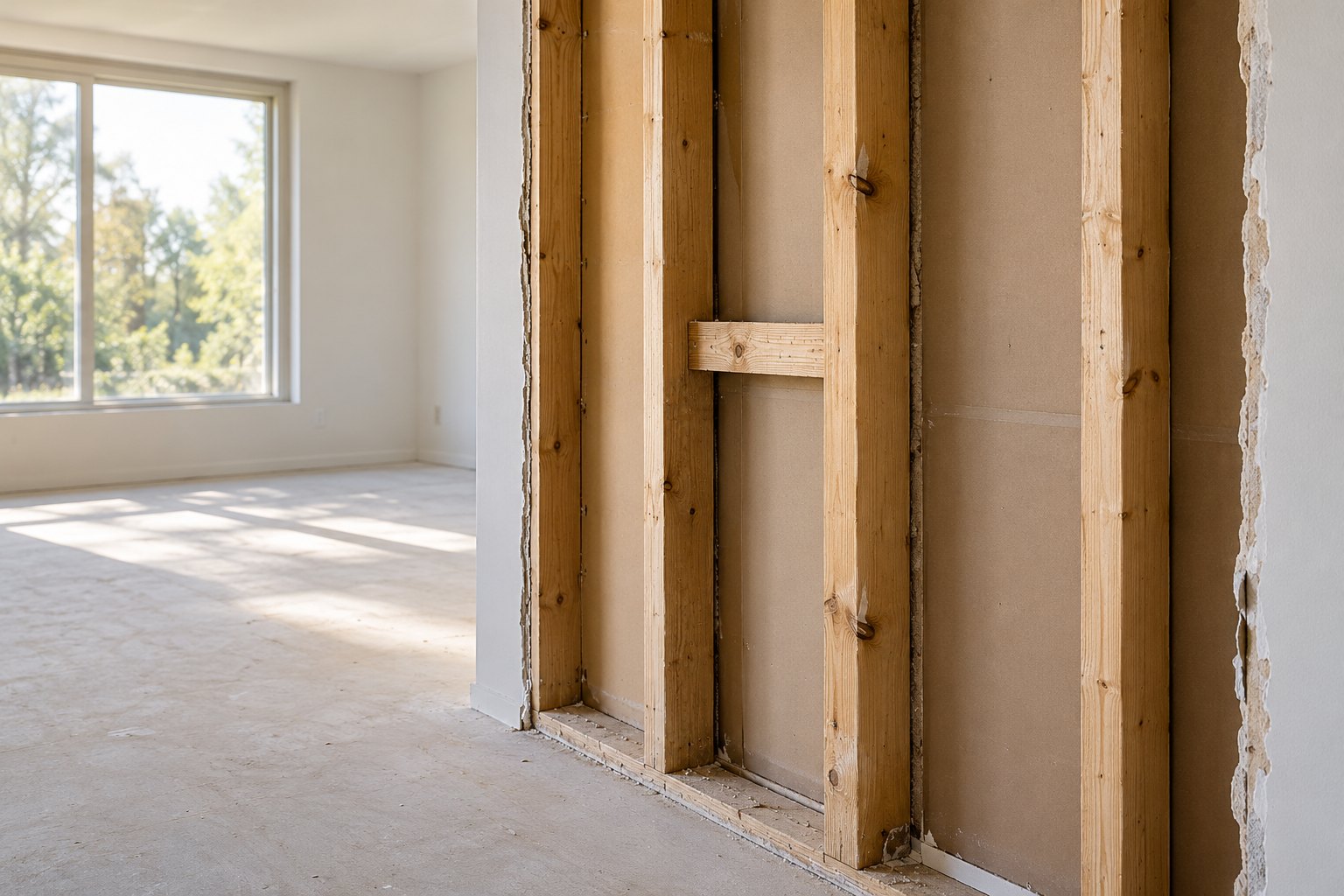 An exposed dry wall cavity in an unfinished room