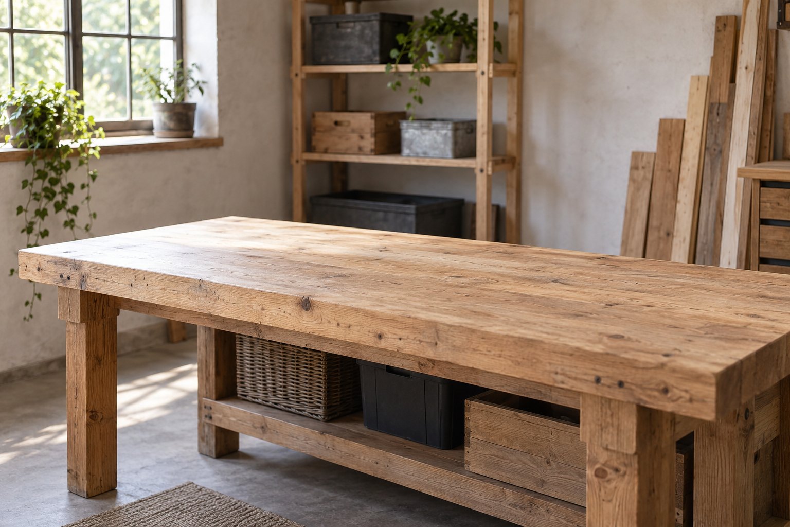 A clear wooden bench in a practical workshop
