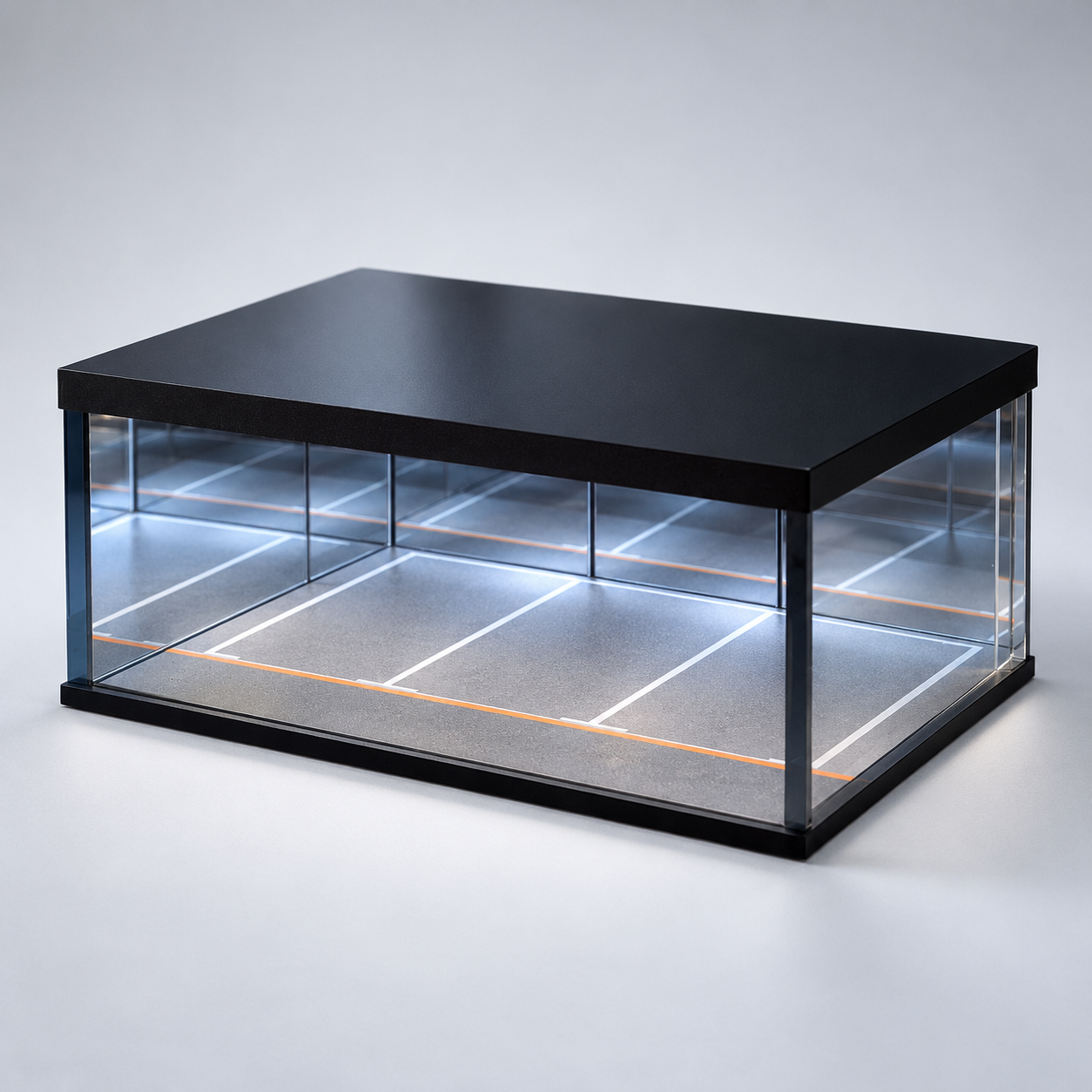 Higher three-quarter view into the Infinity A mirrored garage case and its three marked parking spaces