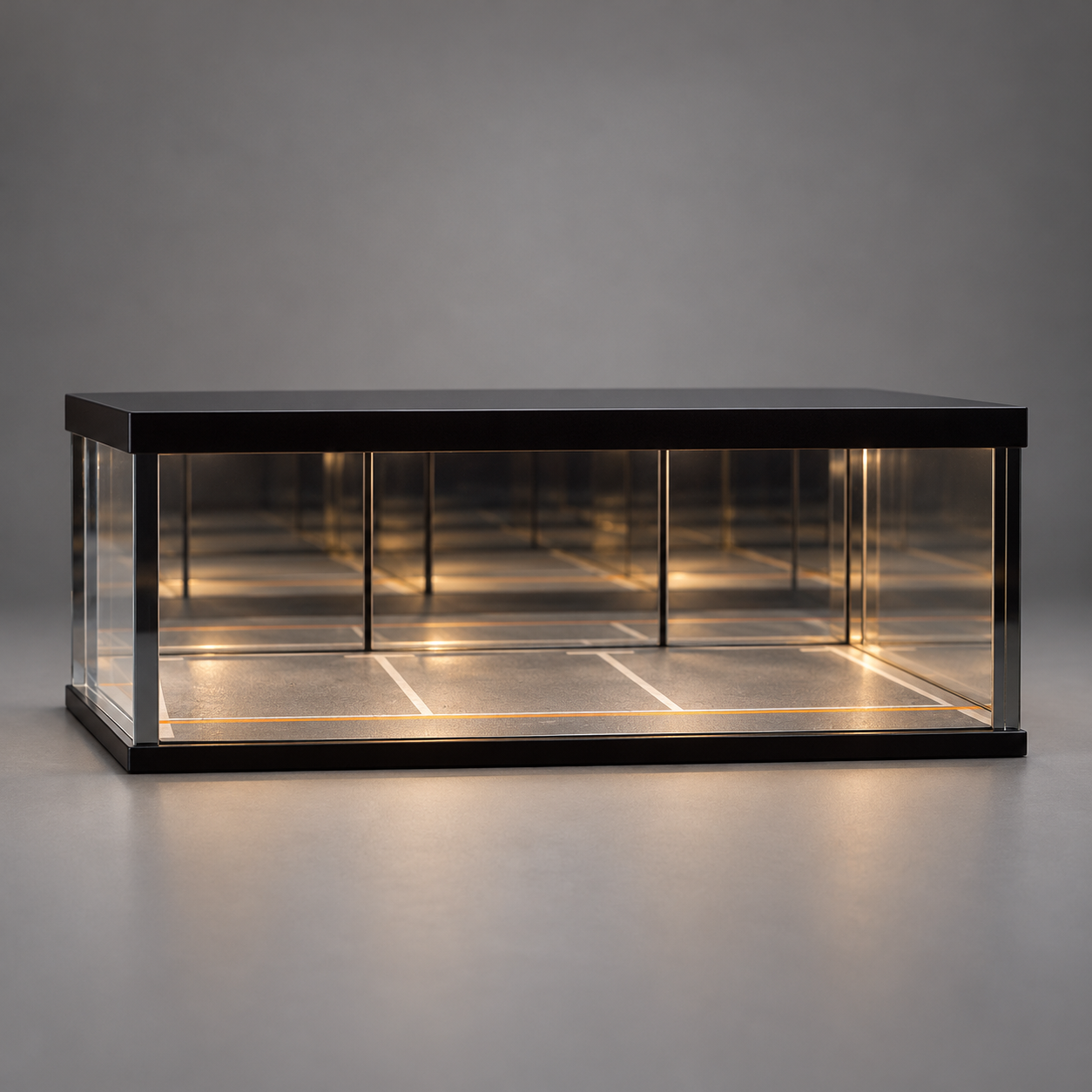 Front view of the black Infinity A mirrored miniature garage display case
