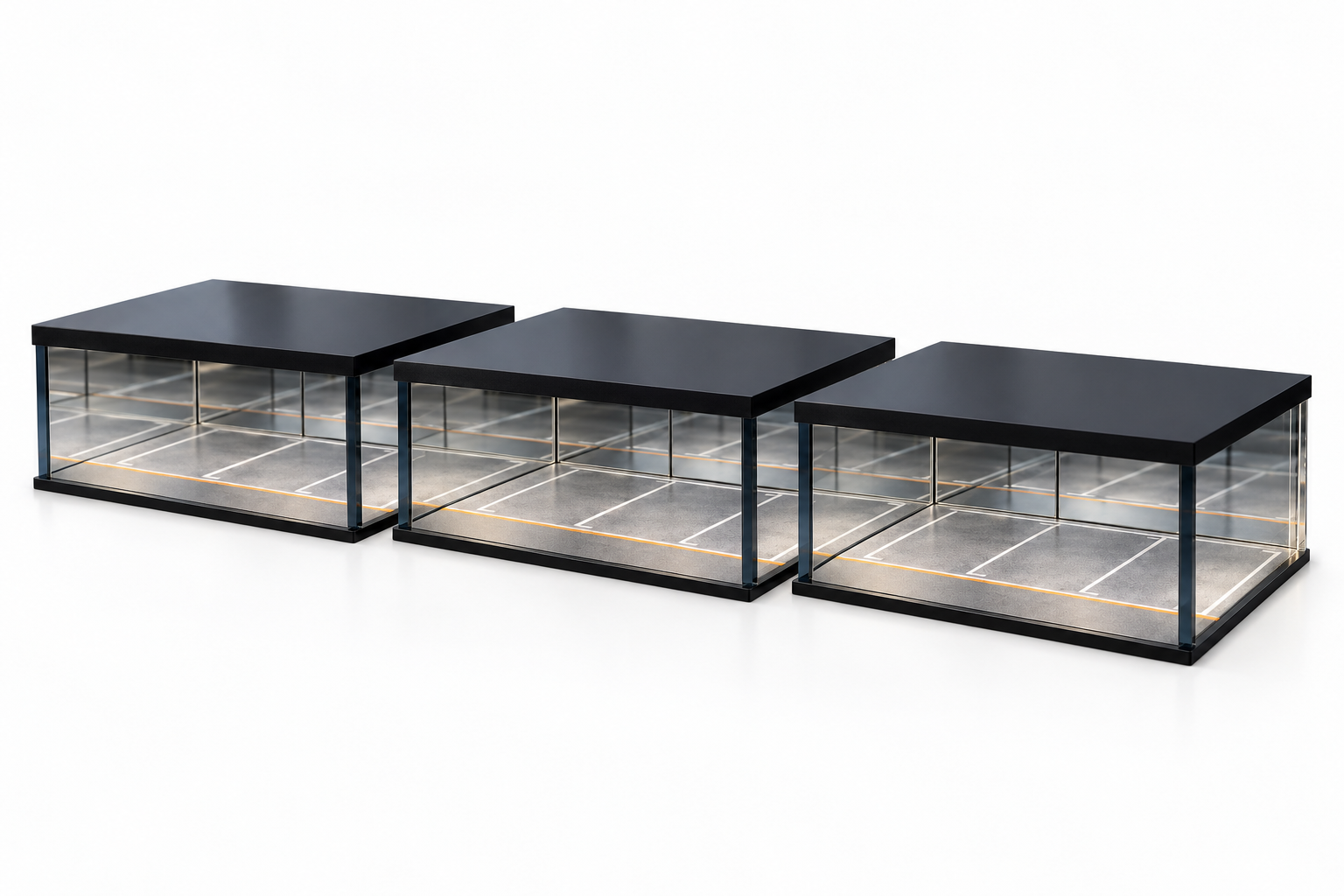 3 BELVOX Infinity Garage display cases photographed together on a white studio background