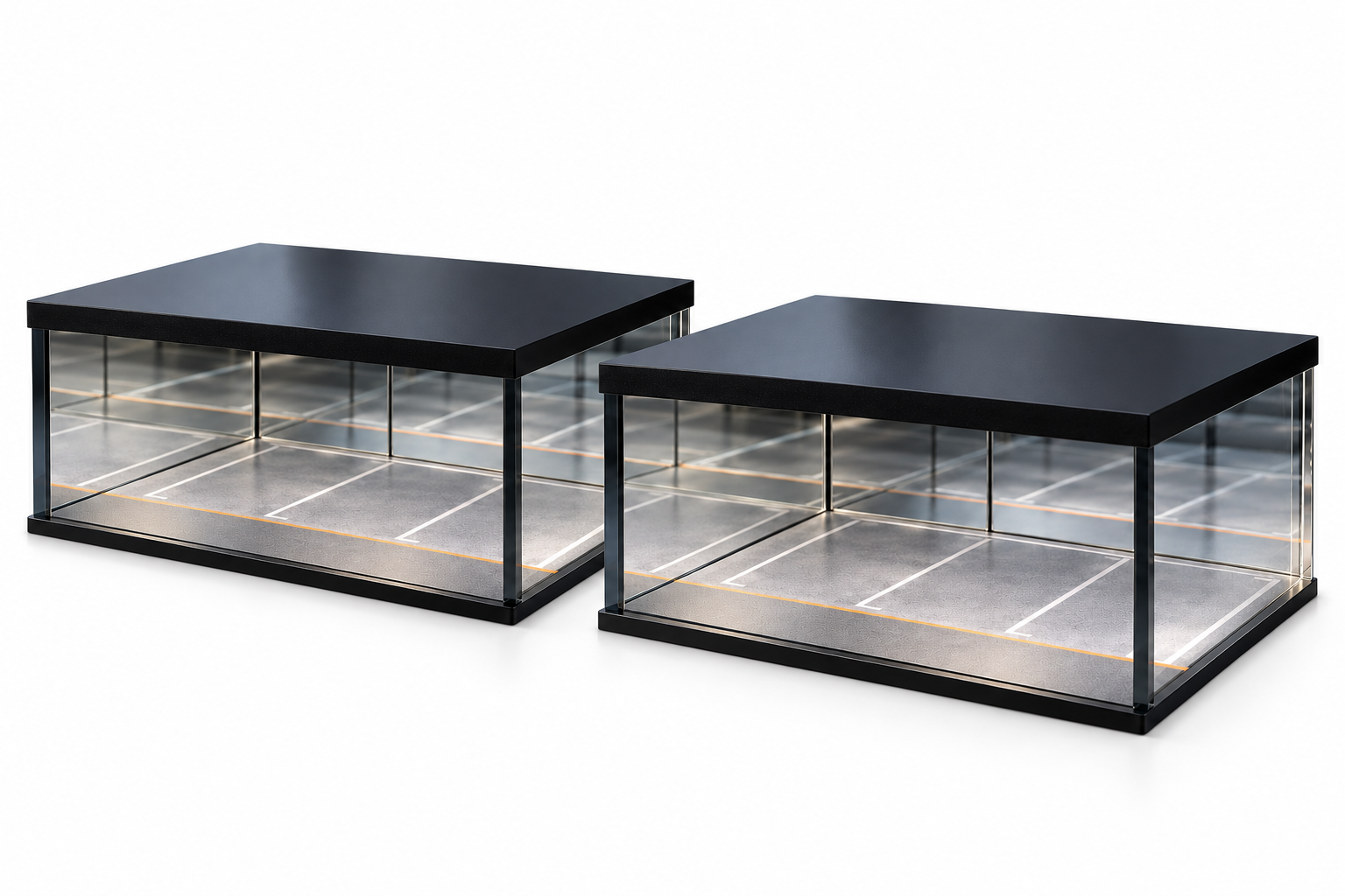 2 BELVOX Infinity Garage display cases photographed together on a white studio background