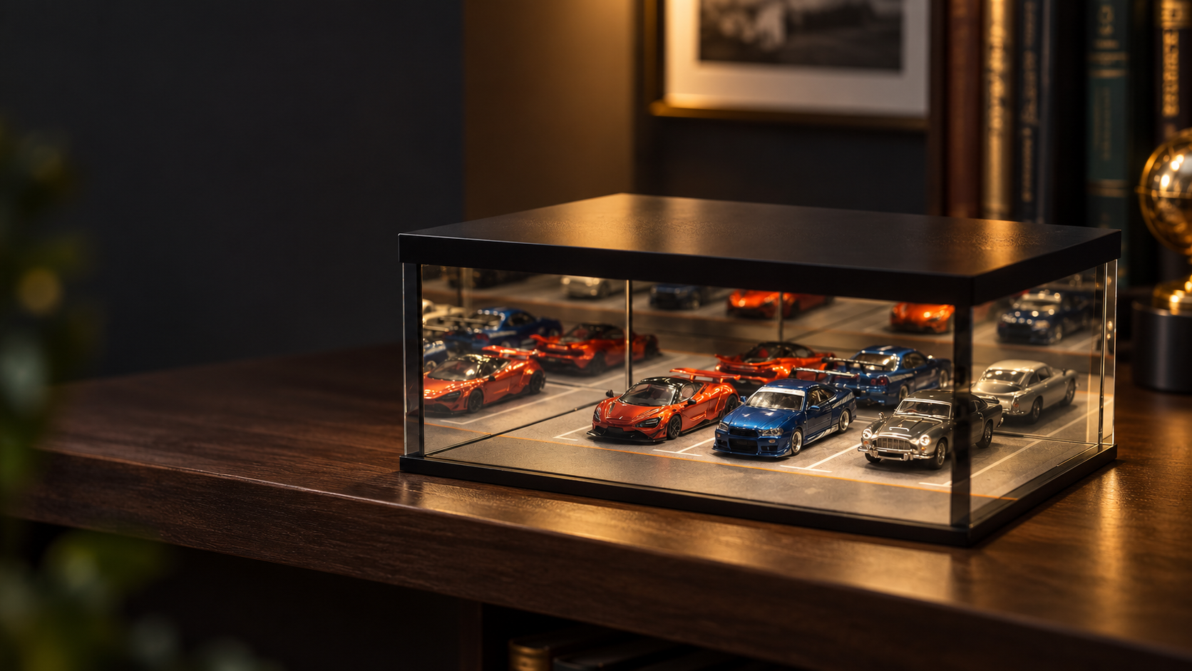 Black Infinity A single-level mirrored garage case displaying three miniature cars on a dark collector’s shelf