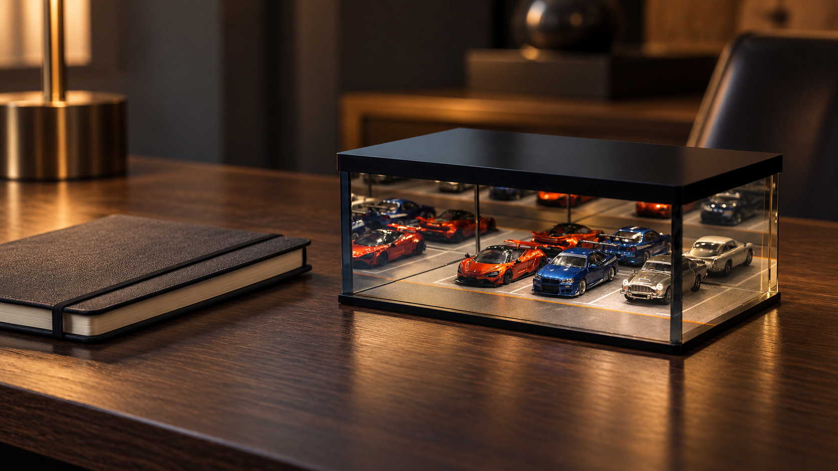 Infinity A mirrored model-car garage displayed on a collector’s desk beside a closed notebook