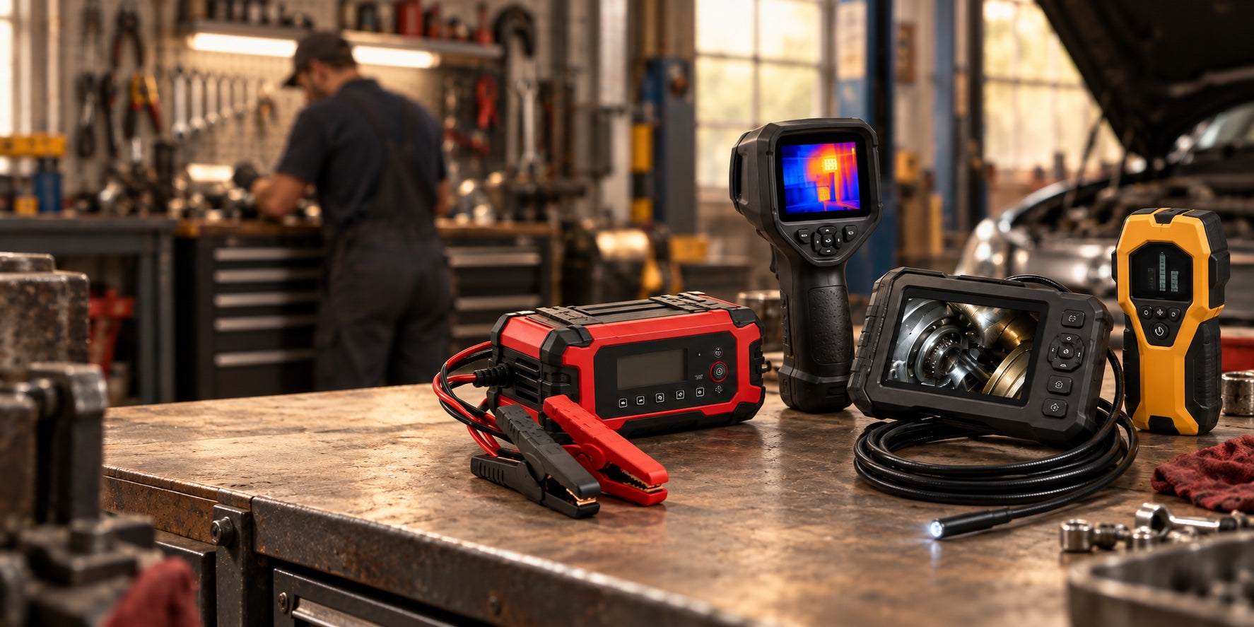 Battery charger, inspection camera, thermal camera and detector on a workshop bench