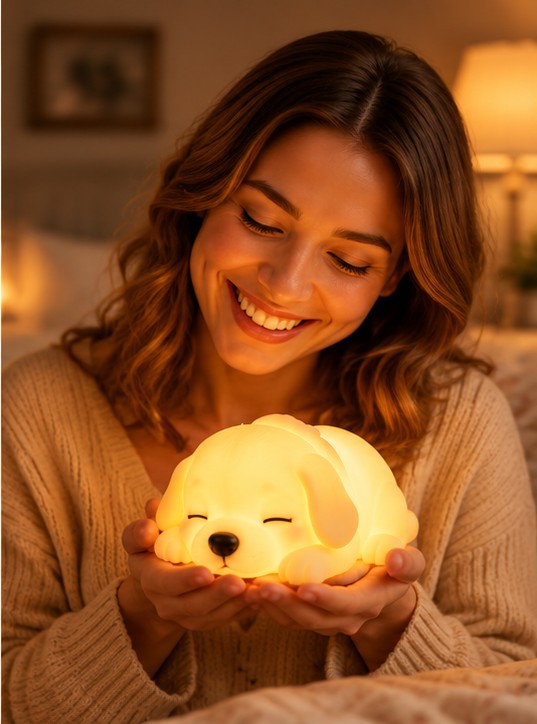 A woman smiling while holding her PawGlow puppy light