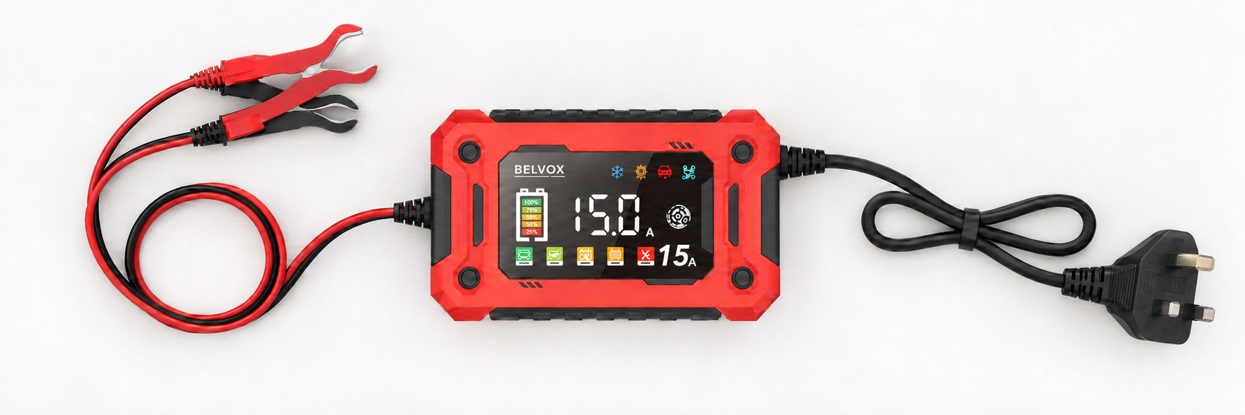 BELVOX 15A charger with fixed 60 cm clamp leads and fixed 0.75 m mains cable with UK three-pin plug