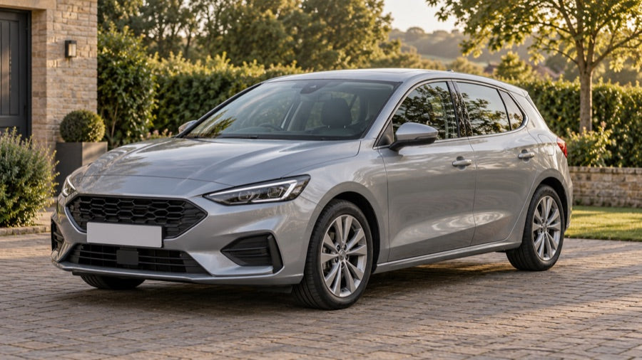 A silver car on a clean driveway