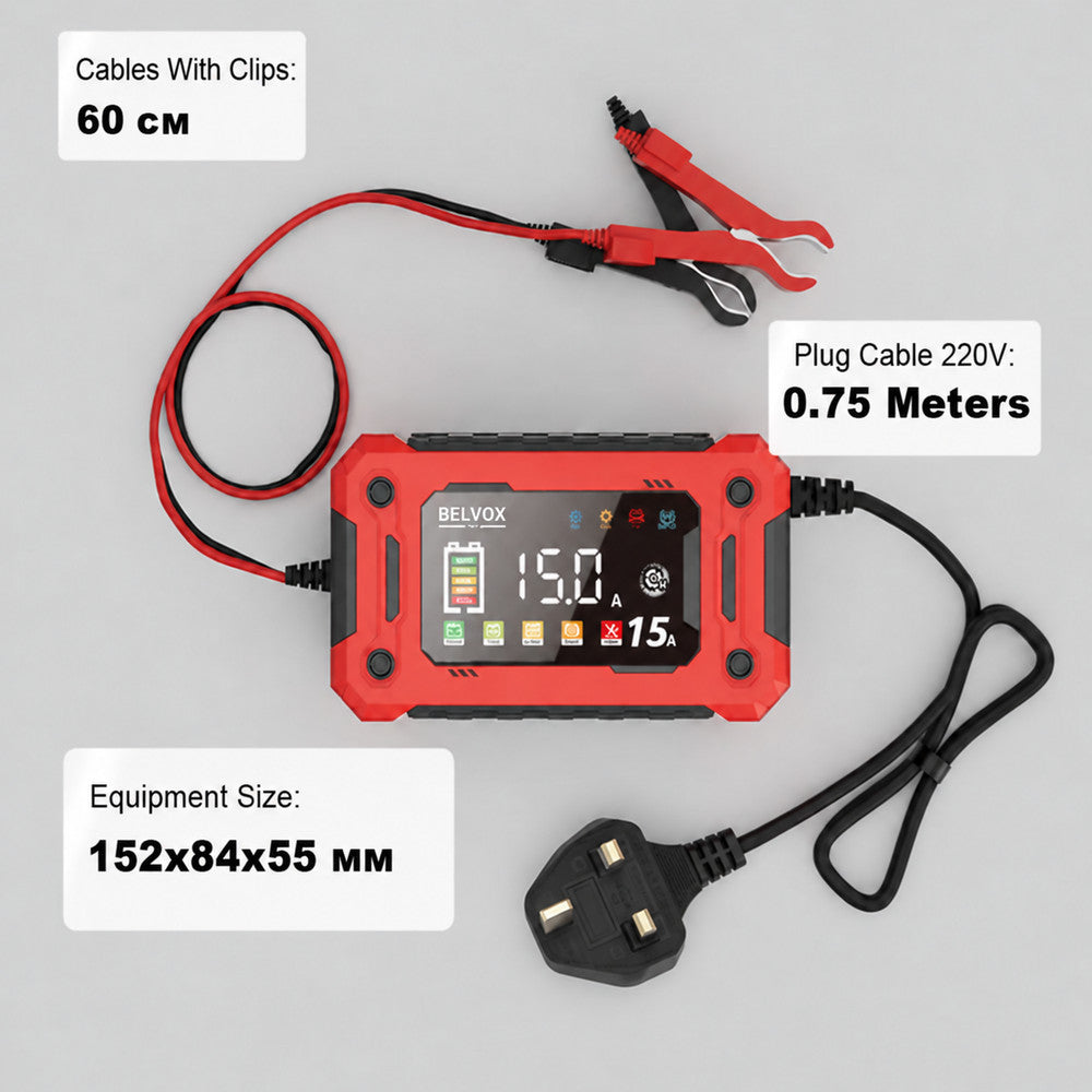 Actual BELVOX 15A charger with attached clamp leads