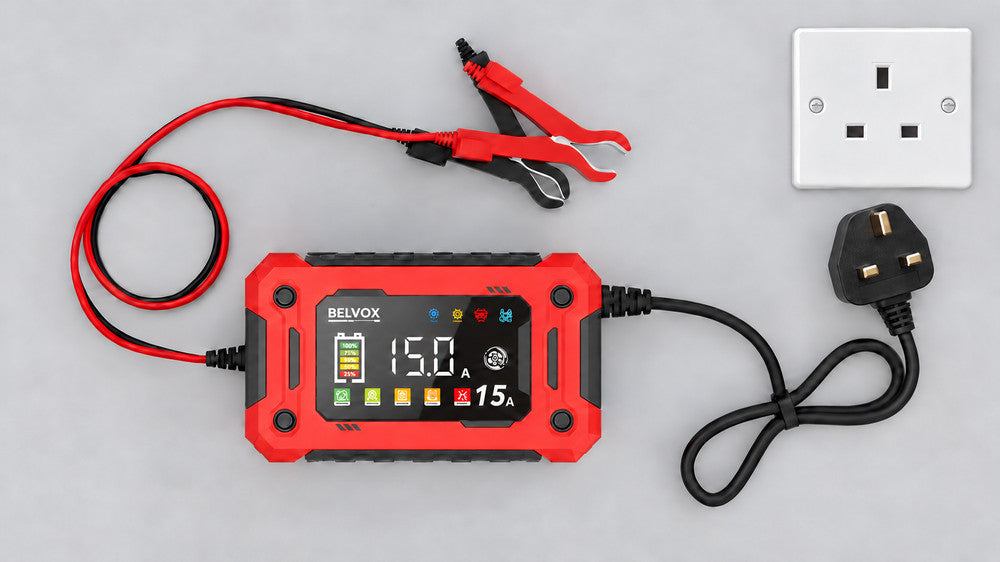 BELVOX 15A charger with its fixed mains cable and UK three-pin plug