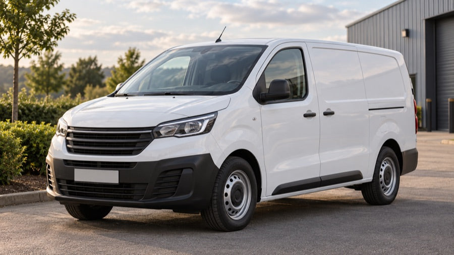 A white work van in a commercial setting